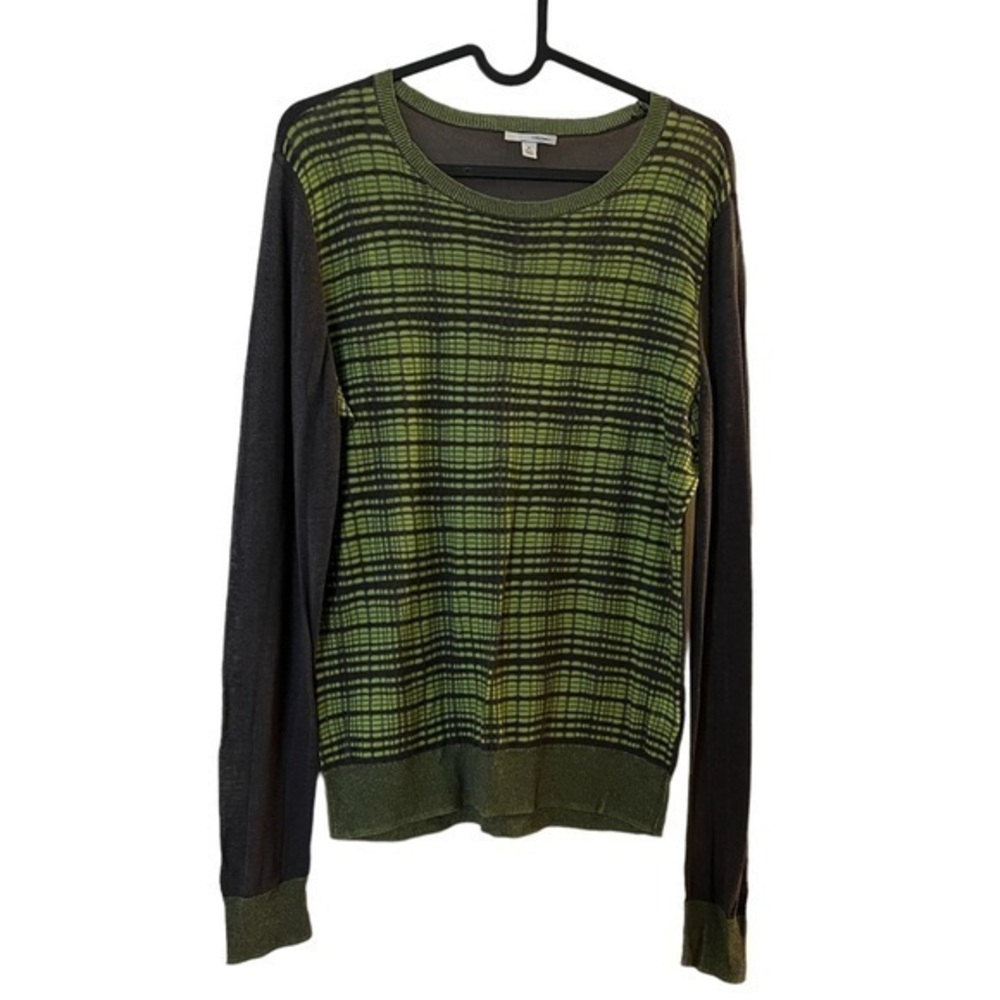 HALOGEN thin sheer ribbed gray & lime green knit long sleeved sweater TRENDING